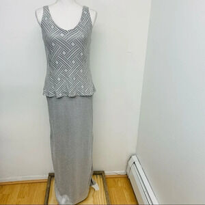 Vintage Long Maxi Evening Dress Gown 6 Formal Crochet Silver Sparkle Sleeveless
